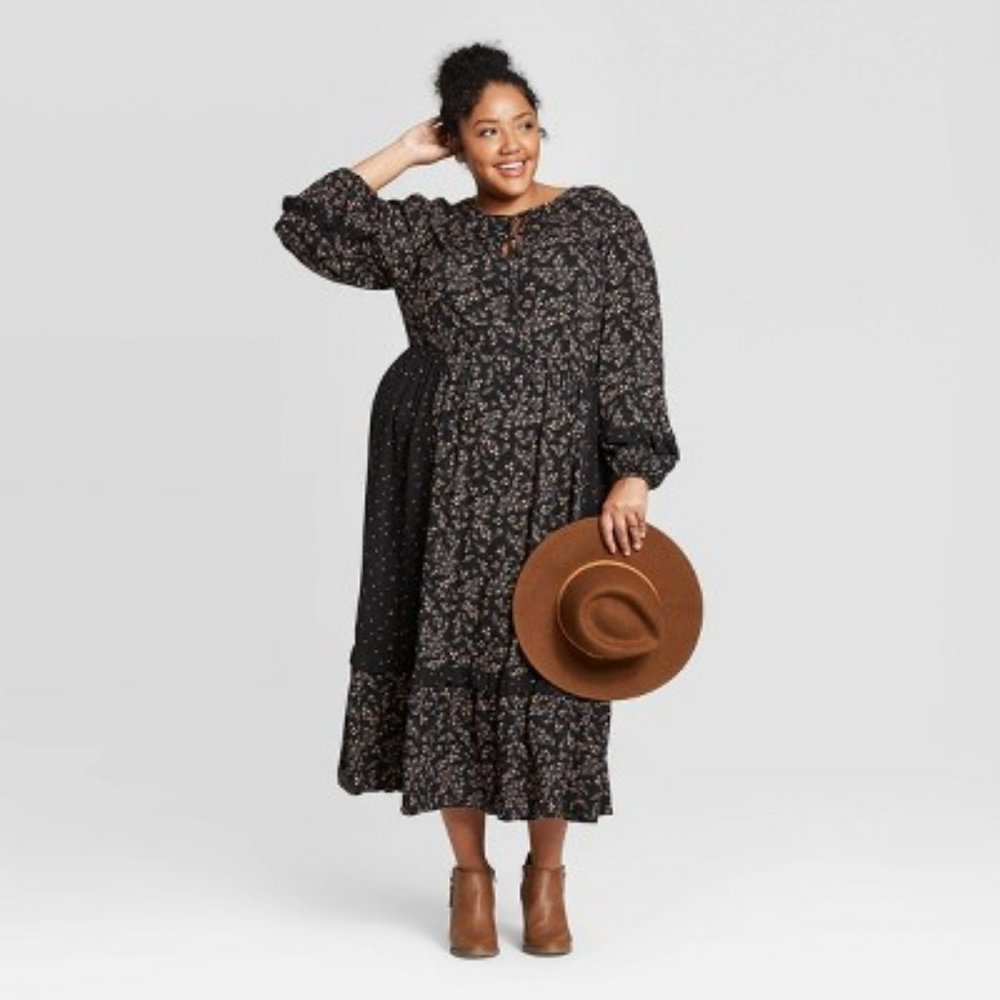 Universal Thread Floral Print Long Sleeve V-Neck Midi Dress Black